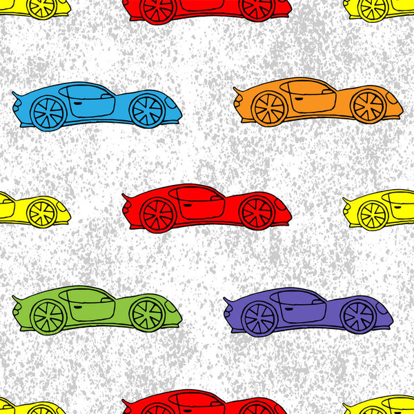 Разноцветные спортивные автомобили на белом-сером фоне. Бесшовный рисунок.
