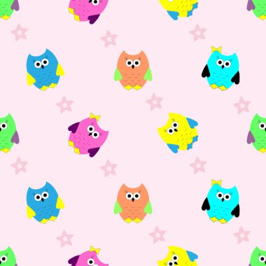 Pembe arka planda çok renkli baykuşlar olan kusursuz bir desen. Çocuklar yazdırır