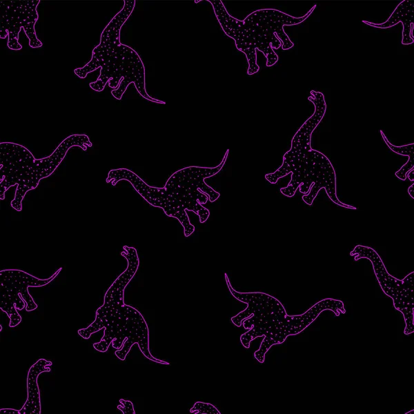 Paarse Dinosaurussen Met Grunge Textuur Zwarte Achtergrond Naadloos Patroon — Stockvector