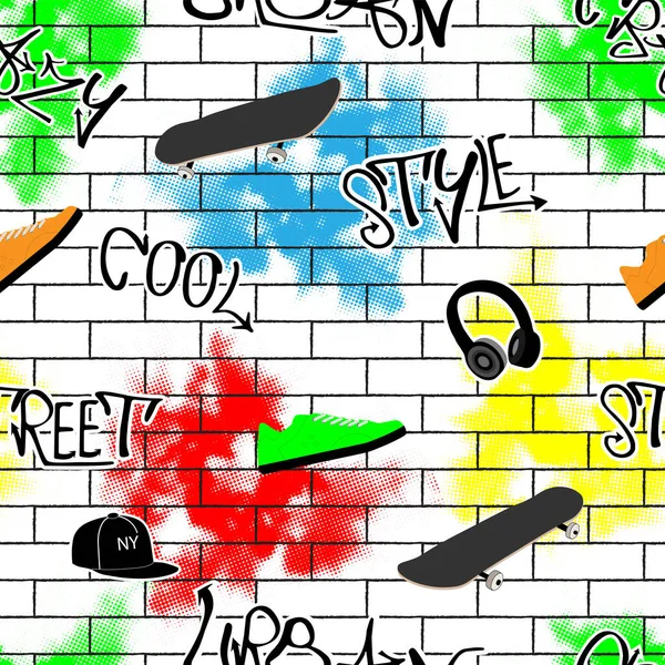 Seamless Pattern Graffiti Urban Stil Skeyt Text Cap Headphones Sneakers — Stock Vector