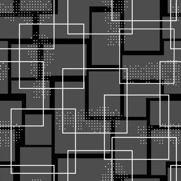 幾何学的要素を持つ抽象的なシームレスパターン 黒の背景に白とグレーの四角形 — ストックベクタ
