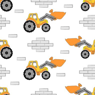 Beyaz zemin üzerinde traktör ve tuğlalar olan pürüzsüz desen.