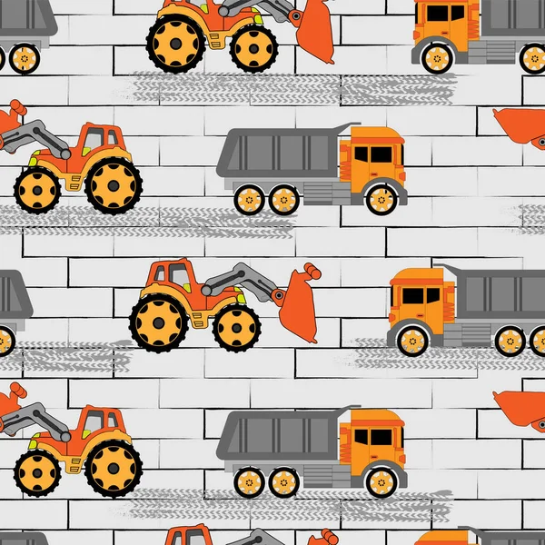 Seamless Pattern Big Cars Orange Tractor Machine Gray Bricks — Stock Vector
