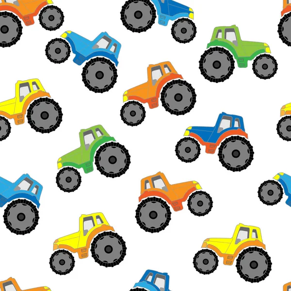 Children Seamless Pattern Multicolored Tractors White Background — Stock Vector