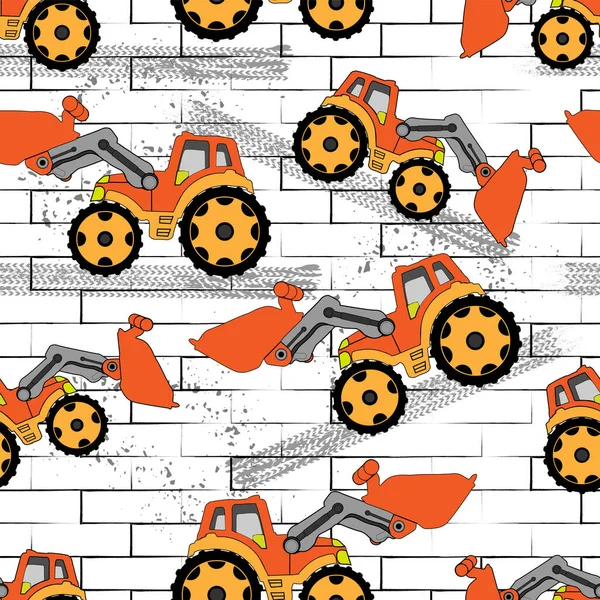 Orange Cartoon Tractor Bricks Background Tire Track Spray Effect White — Stock Vector