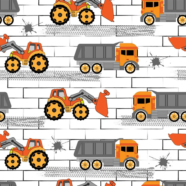 Children Seamless Pattern Big Cars Tractor Truck White Brick — Stock Vector