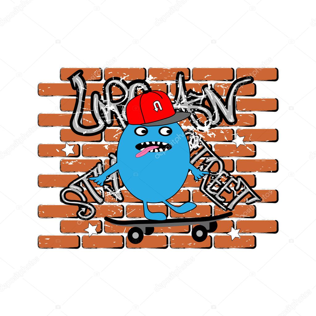 vector illustration with cool blue monster and graffiti on bricks.