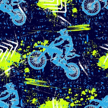 Spor grunge modeli. Mavi, beyaz ve yeşil grunge üzerinde okları olan motokros