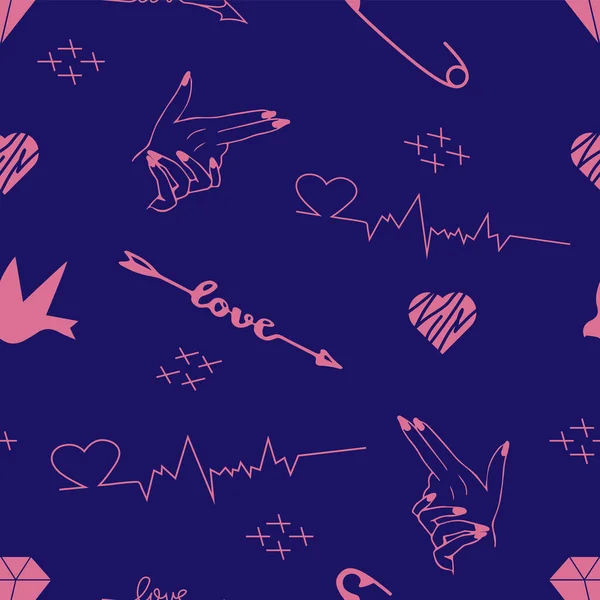 女童心脏 鸟类和几何元件无缝纹身图案 — 图库矢量图片