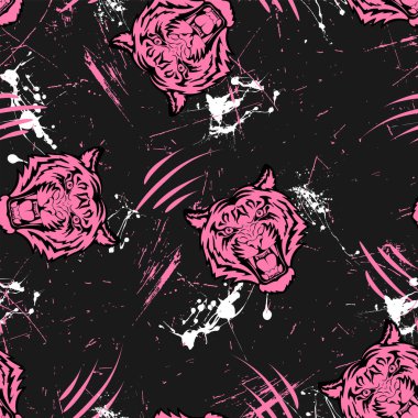 Pembe kaplan kafası ve grunge dokusuyla kusursuz grunge deseni..