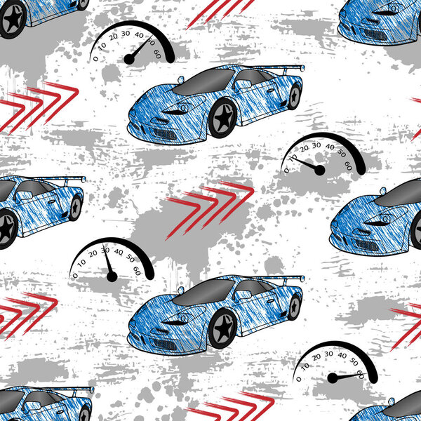 абстрактный бесшовный шаблон для парней с синими спортивными автомобилями и серым гранжем