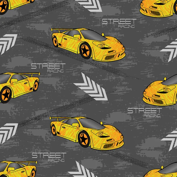 Boys Pattern Sports Car Orange Arrows Text Gray Grunge — Stock vektor