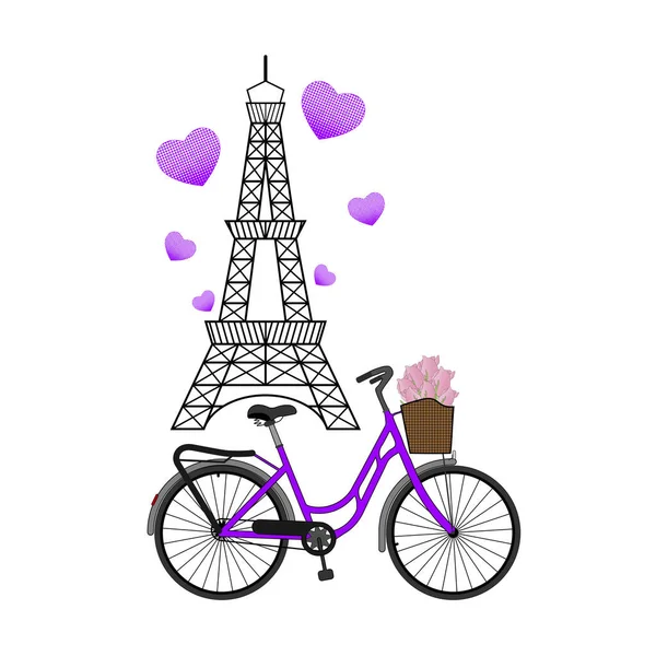 Torre Eiffel Bicicleta Con Flores Cesta Bolas Púrpura Ilustración Vectorial Gráficos vectoriales