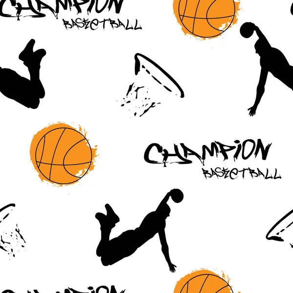 Basketballspieler Mit Ball Ring Slogan Und Orangefarbenem Grunge Ball Nahtloses — Stockvektor