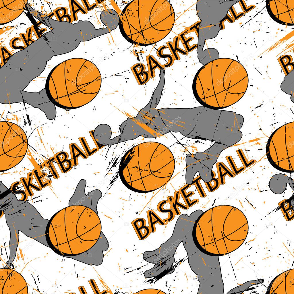 sport grunge pattern with basketball players, ball and text