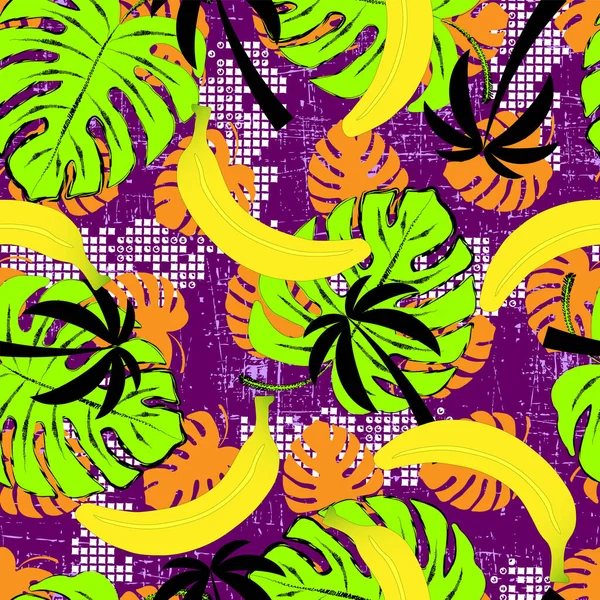 Abstract Seamless Summer Pattern Textiles Bananas Palms Monstera Leaves Grunge — Stock Vector