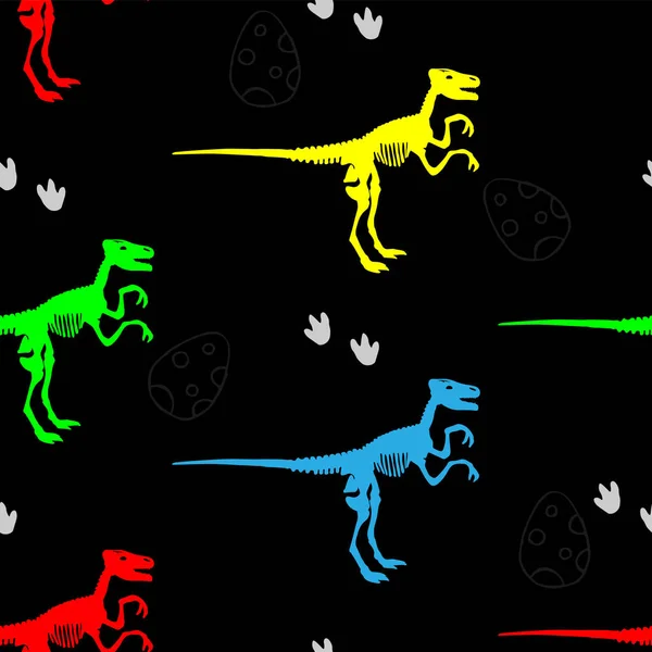 无缝的迪诺图案 色彩斑斓的恐龙骨骼 脚印和蛋 — 图库矢量图片