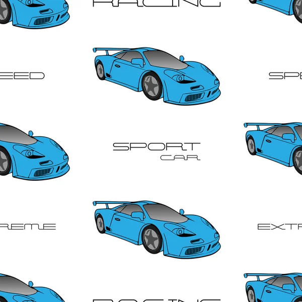 Zökkenőmentes Minta Kék Sport Autó Szöveg — Stock Vector