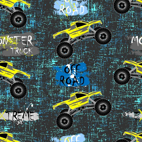 Seamless Pattern Monster Truck Yellow Text Blue Grunge Print Boys — Stock Vector