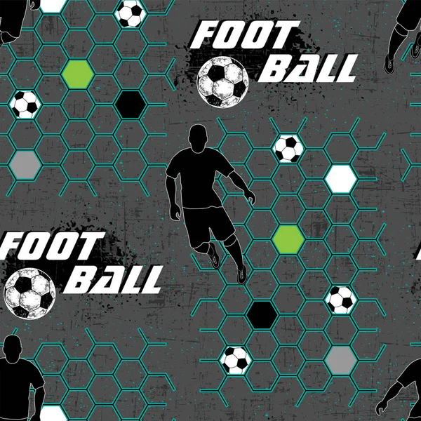Seamless Football Pattern Guys Soccer Player Ball Text Hexagons — Stockový vektor