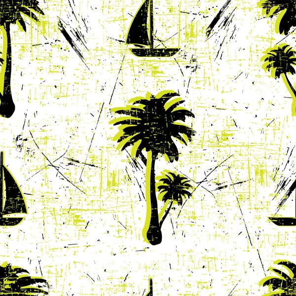 Grunge Pattern Textiles Summer Print Palm Trees Sailboat — Stock Vector