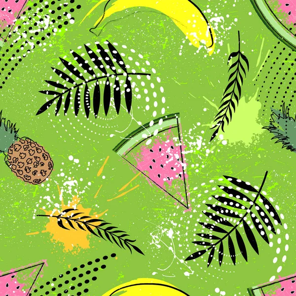 Girls Summer Print Fruits Geometric Elements Grunge Texture Leaves — Stock Vector