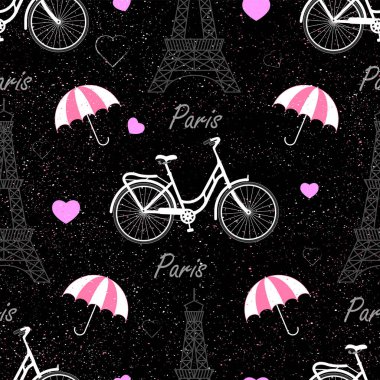 Kusursuz Fransız deseni. Eyfel kulesi, bisiklet, şemsiye, kalp ve sprey ile yazdır.
