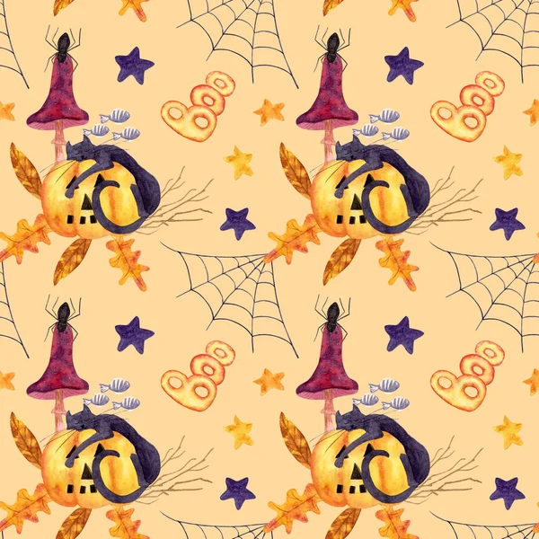 Хэллоуинский акварельный узор со спящей кошкой на тыкве в листьях и ветвях деревьев, жабьим грибами и звездами. Детский рисунок для канцелярских товаров, текстиля, упаковочной бумаги. — стоковое фото