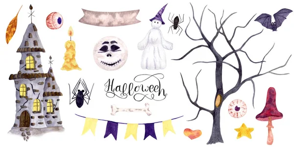 Акварельный набор для Хэллоуина, плакат с замком и деревом, фиолетовый гриб, летучая мышь, бумажная гирлянда и призрак. Дизайн со свечами и пауком. Головка Джекса. — стоковое фото