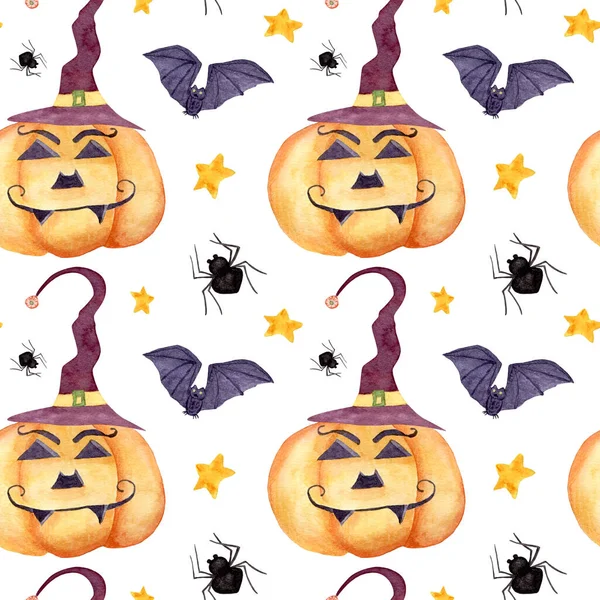 Halloween Akvarell Minta Vicces Sütőtökkel Boszorkánykalapban Őszi Minta Lehulló Levelekkel — Stock Fotó