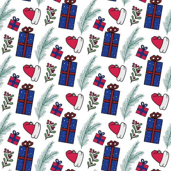 Vánoční vektor bezproblémový vzor pro rekreační design. Vzor s dárky, vánoční ozdoby, větve vánočního stromku a bobulí, Santa klobouk. Design pro obaly a textil, scrapbooking — Stockový vektor