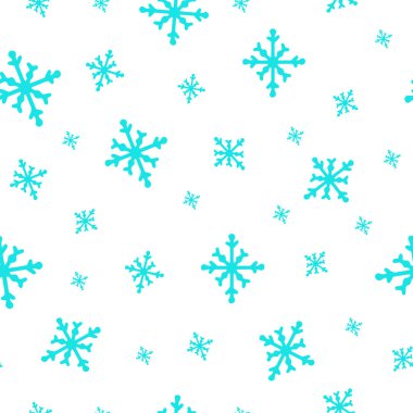 Farklı çaplarda mavi kar taneleri olan Noel vektör çizimi deseni. Noel ambalajı, tekstil, hatıra defteri ve yama işi için tasarım