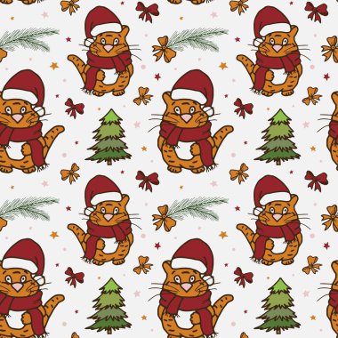 Noel, Yeni Yıl vektör modeli, atkı ve Noel Baba şapkası takan Tiger. Noel ağacı, kırmızı fiyonk, köknar dalı ve çizgili turuncu kaplanlı kusursuz kış deseni..
