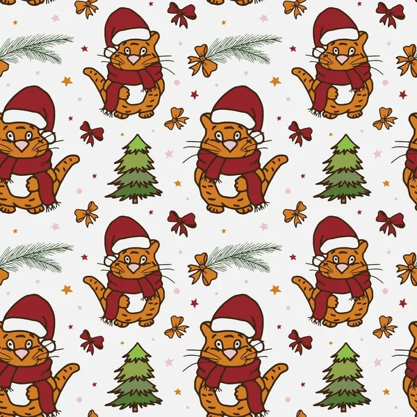 Noel, Yeni Yıl vektör modeli, atkı ve Noel Baba şapkası takan Tiger. Noel ağacı, kırmızı fiyonk, köknar dalı ve çizgili turuncu kaplanlı kusursuz kış deseni..