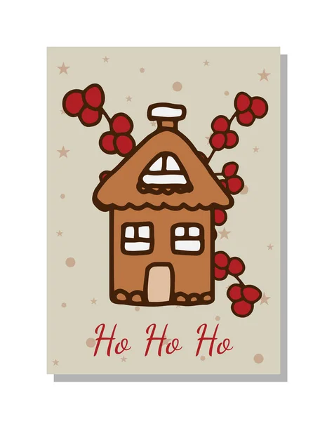 ベクトルチラシ、バナー、クリスマスと新年のためのポストカード。枝に赤い果実を持つ家のジンジャーブレッドクッキーの落書きイラスト. — ストックベクタ