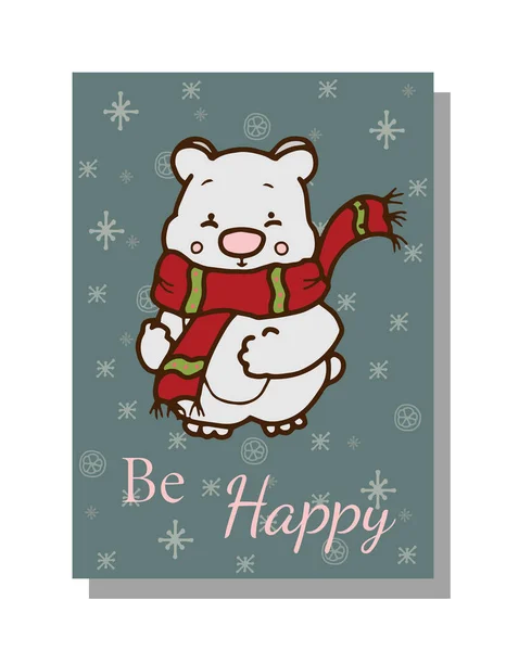 Biglietto di Capodanno con un simpatico orso polare in sciarpa. Con fiocchi di neve sullo sfondo, banner in stile retrò. Biglietto di auguri per Natale. Illustrazione vettoriale in stile doodle. — Vettoriale Stock