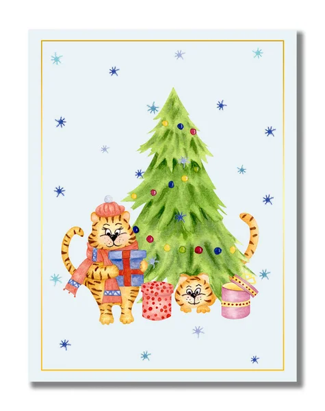 水の色の新年、クリスマスツリーの近くに彼女の足で贈り物と女の子虎とクリスマスカードのバナー。2022年新年。ポンポンとスカーフでベレー帽のタイガー。グリーティングカード. — ストック写真