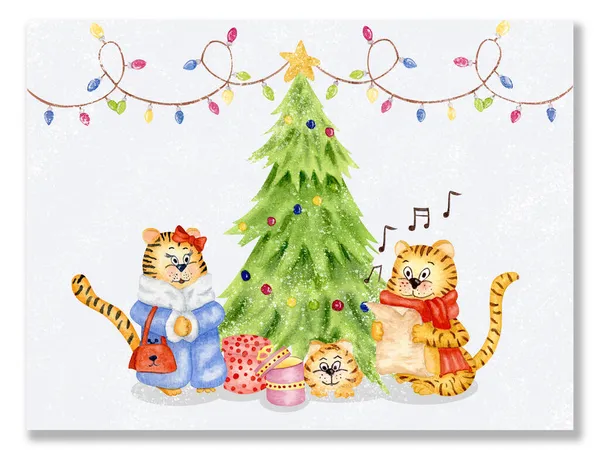 Υδατογραφία χριστουγεννιάτικο δέντρο με τίγρεις κοντά του. Τραγουδώντας τίγρη με νότες και τίγρης ακούγοντας τραγούδια και μια γιρλάντα από φώτα, δώρα Πρωτοχρονιάς.. Πρωτοχρονιάτικο πανό, φυλλάδιο, καρτ ποστάλ. — Φωτογραφία Αρχείου