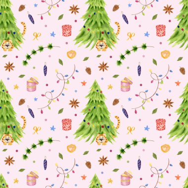 Kaplanlı suluboya Noel ağacı. Kusursuz yeni yıl modeli. Ampullü çelenk, hediye kutuları, modrina dalı. Hediye paketleme, tekstil, hatıra defteri tasarımı.