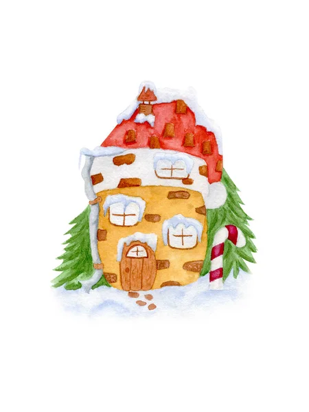 Ormanda köknar ağaçlarıyla suluboya peri evi. Noel Baba 'nın kar kaplı evi. Lolipop çubuğu. Çatı kiremitleri, bacası ve gideri olan küçük bir ev. Noel çizimleri. — Stok fotoğraf