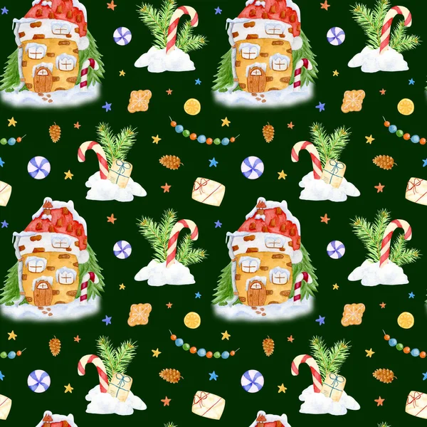 Watercolor Christmas winter seamless pattern. Winter cartoon house with fir trees and snow. Stick candy cane in a snowdrift with pine branches. Gifts, orange slice, pine cone and garland with balls. — Stock Photo, Image