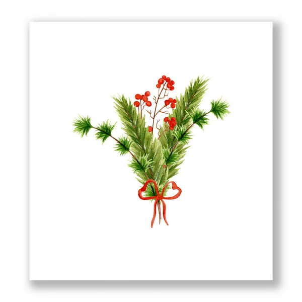 Ladin ve çam dallarının suluboya bileşimi. Dallar böğürtlen ve kırmızı böğürtlen dallarıyla süslenmiş. Noel ve yeni yıl için kırmızı kurdeleli buket. — Stok fotoğraf