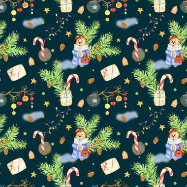 Noel suluboya kaplanlarla kusursuz desen. Noel desenli çelenk. Çam dalları ve kozalaklarla kusursuz desen.