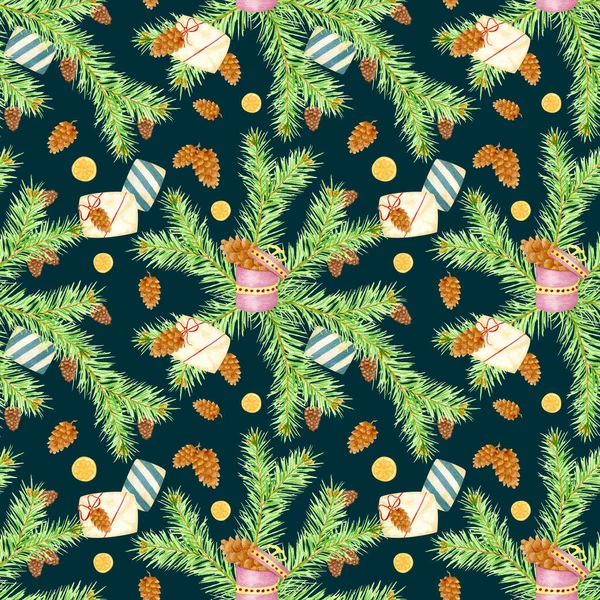 Acuarela sin costuras Patrón de Navidad con ramas de pino, conos, regalos sobre un fondo azul oscuro con rebanadas de naranja. Diseño para envases y textiles. — Foto de Stock