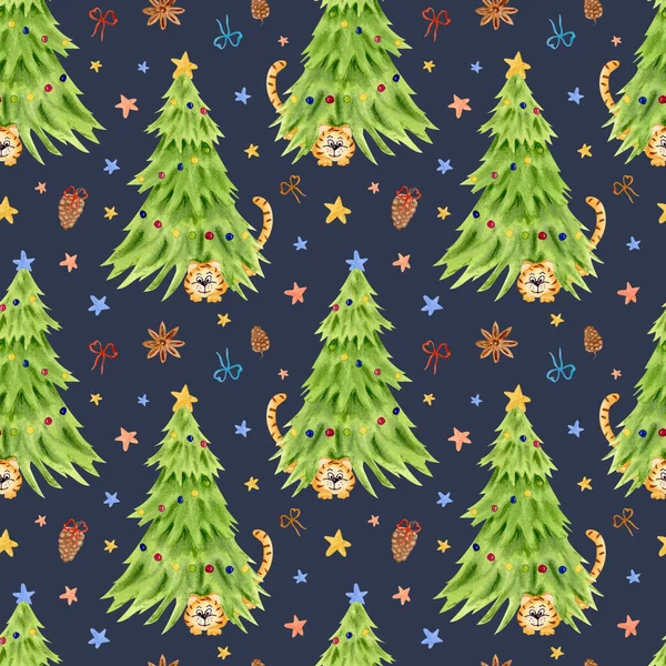 Akvarell karácsonyfa tigrissel. 2022 új éve. Íjak, fenyőtoboz, csillagok. Csomagolópapír, textil tervezése. — Stock Fotó