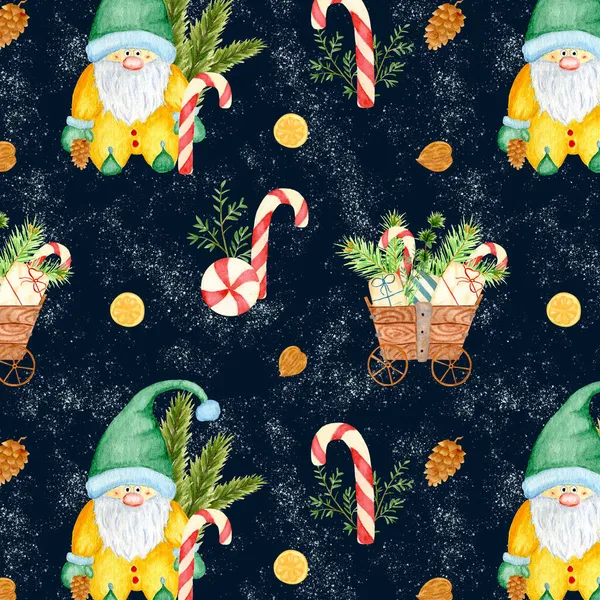 Υδατογραφία αδιάλειπτη μοτίβο με χαριτωμένο gnome. Πρωτοχρονιάτικο σχέδιο με ξύλινο καλάθι και δώρα. Κώνο από έλατο, καρυδιά και πεύκο με φέτα πορτοκαλιού. — Φωτογραφία Αρχείου