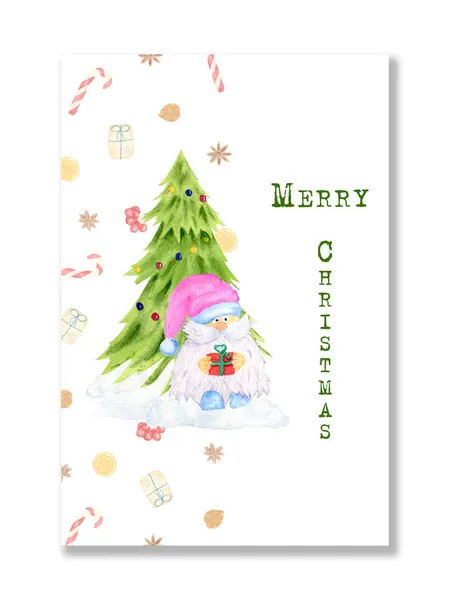 Gnome de Natal com um presente. Gnome aquarela perto da árvore de Natal. Cartão de felicitações para o Natal. Um anão à deriva de neve. Cartaz, panfleto. Ano Novo — Fotografia de Stock