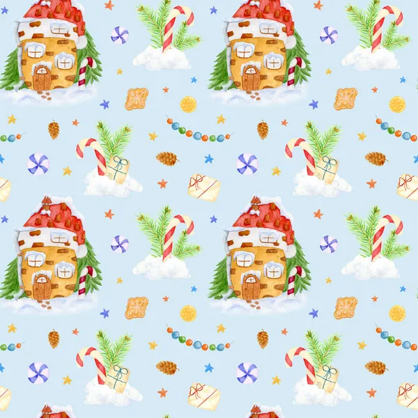 Watercolor Christmas winter seamless pattern. Winter cartoon house with fir trees and snow. Stick candy cane in a snowdrift with pine branches. Gifts, orange slice, pine cone and garland with balls. — Stock Photo, Image
