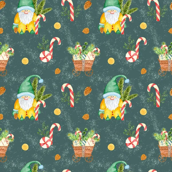 Watercolor seamless pattern with cute gnome. New Years pattern with a wooden cart and gifts. Spruce branch, walnut and pine cone with orange slice. Sweet stick — Stock Photo, Image