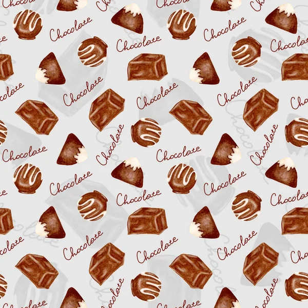 Akvarell sömlöst mönster med sötsaker. Choklad godis med fyllning. Chokladdessertpralin. Design för förpackning, gåvor. — Stockfoto